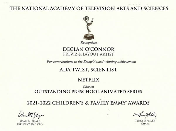 Declan OConnor Contibution certificate from National Acadamy of Tv Arts and Sciences